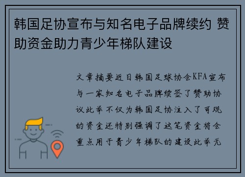 韩国足协宣布与知名电子品牌续约 赞助资金助力青少年梯队建设